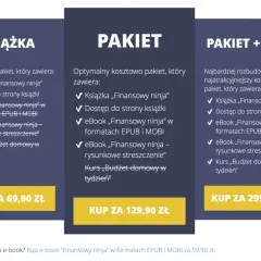 Trzy kolumny z ofertami: Książka, Pakiet, Pakiet + Kurs, z cenami i zawartością.