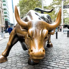 Brązowy byk na Wall Street, symbol hossy, atakuje z determinacją.