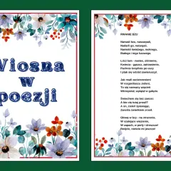 Wiosenna łąka z kwiatami i wierszem Juliana Tuwima.