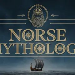 Ilustracja z wikingiem, napisem "Norse Mythology" i łodzią wikingów na morzu.