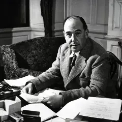 C.S. Lewis, autor "Opowieści z Narnii", siedzi przy biurku, otoczony papierami i atramentem.