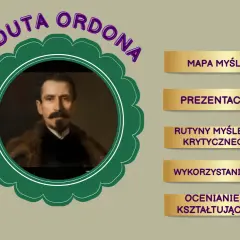Grafika do wiersza "Reduta Ordona" z portretem bohatera, mapą myśli i elementami analizy tekstu.