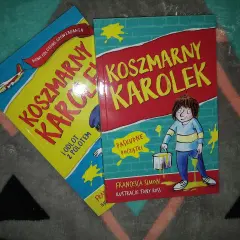 Recenzja książki "Koszmarny Karol" - dwie okładki z przygodami Karola, jedna z samolotem, druga z farbą.