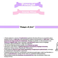 Wiersz "Campo di fiori" Czesława Miłosza zestawia spalenie Giordana Bruna z powstaniem w getcie warszawskim, ukazując obojętność i brak tolerancji.