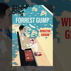 Okładka książki "Forrest Gump" Winston Groom. Ilustracja przedstawia mężczyznę siedzącego z prezentem.