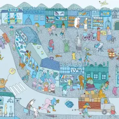 Ilustracja z książki "Miasteczko Mamoko" autorstwa Marty i Macieja Szymanowiczów. Wesołe miasteczko pełne zwierząt i ludzi.