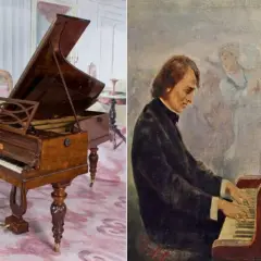 Stary fortepian Chopina, jak z wiersza, i malarski portret kompozytora przy instrumencie.