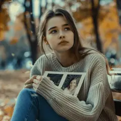 Smutna dziewczyna trzyma zdjęcie, przypominając sobie cytaty o przyjaciołach, którzy zawiedli. Jesienne liście opadają wokół.