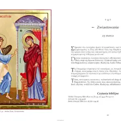 Ikona przedstawiająca zwiastowanie: Archanioł Gabriel z niebieskimi skrzydłami zwraca się do Maryi w czerwonej szacie.