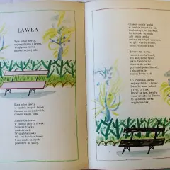 Ilustracja do wiersza Ludwika Jerzego Kerna "Ławka". Widać dwie ławki w parku, otoczone zielenią i drzewami.