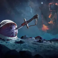 Na księżycu leży hełm astronauty z napisem "Twardowski", przebity szablą. W tle płonąca planeta.