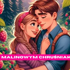 Zakochana para przytula się w malinowym chruśniaku. W tle las i mnóstwo malin.
