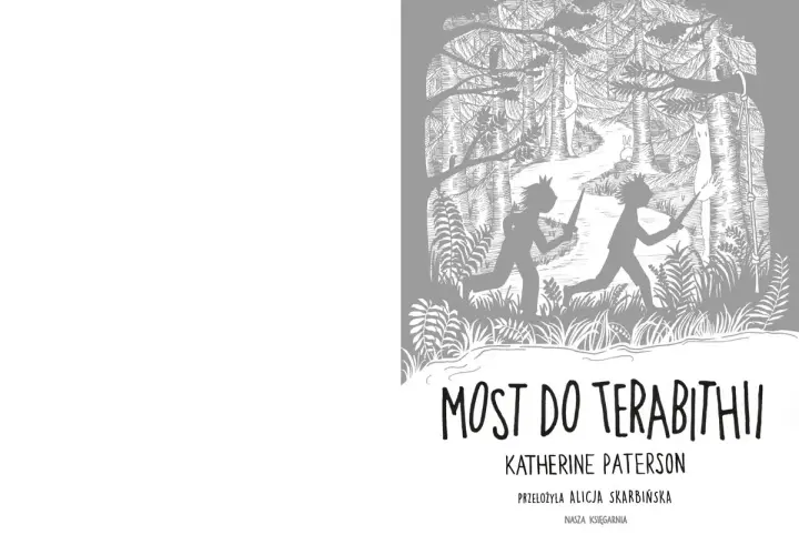 Ilustracja do recenzji książki "Most do Terabithii": dwoje dzieci biegnie przez las, tworząc własne magiczne królestwo.