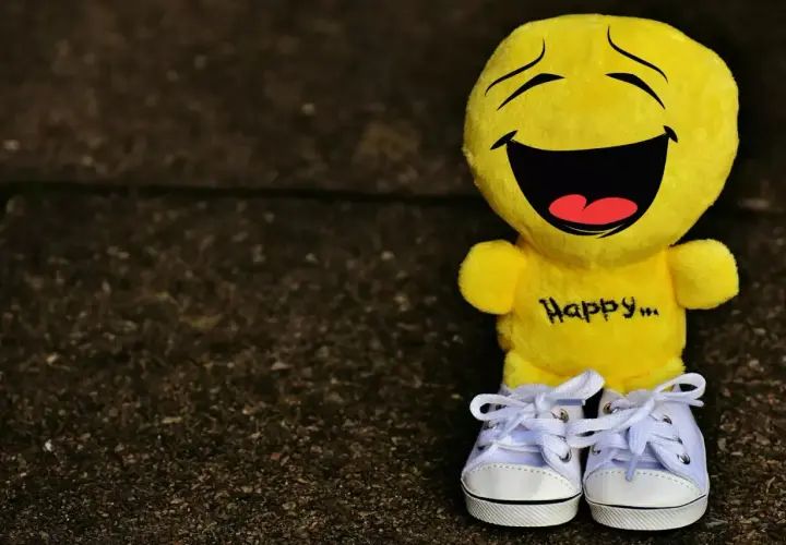 Żółta maskotka z napisem "Happy..." na brzuchu i uśmiechem od ucha do ucha. Idealna, by przypomnieć o cytatach, które poprawiają humor.
