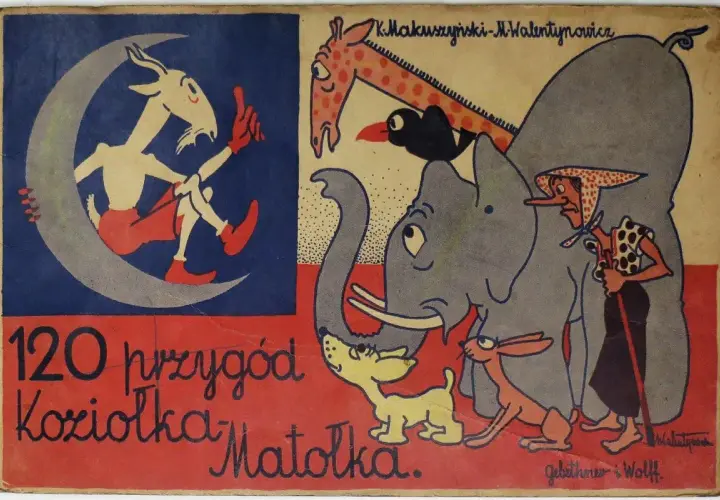 Kto jest autorem książki Koziołek Matołek? K. Makuszyński i M. Walentynowicz. Ilustracja przedstawia Koziołka na księżycu i zwierzęta.
