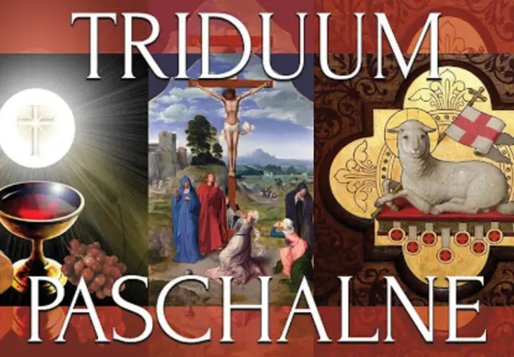Symbole Triduum Paschalnego: Hostia, kielich, chleb, winogrona, ukrzyżowanie Jezusa, Baranek Boży.