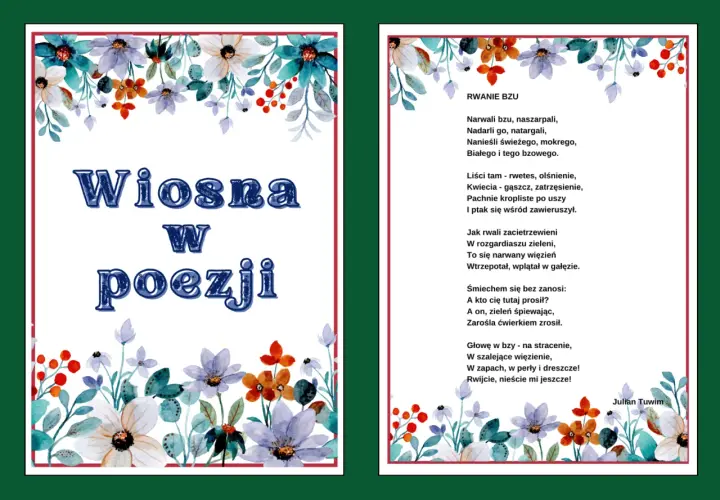 Wiosenna łąka z kwiatami i wierszem Juliana Tuwima.