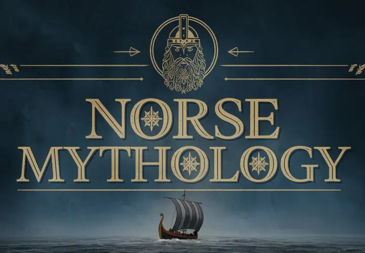 Ilustracja z wikingiem, napisem "Norse Mythology" i łodzią wikingów na morzu.