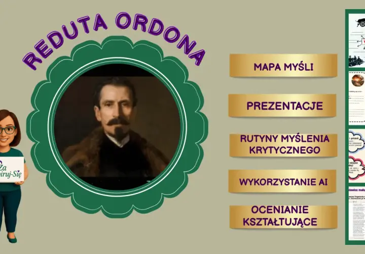 Grafika do wiersza "Reduta Ordona" z portretem bohatera, mapą myśli i elementami analizy tekstu.