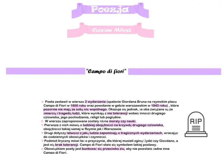 Wiersz "Campo di fiori" Czesława Miłosza zestawia spalenie Giordana Bruna z powstaniem w getcie warszawskim, ukazując obojętność i brak tolerancji.
