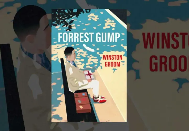 Okładka książki "Forrest Gump" Winston Groom. Ilustracja przedstawia mężczyznę siedzącego z prezentem.