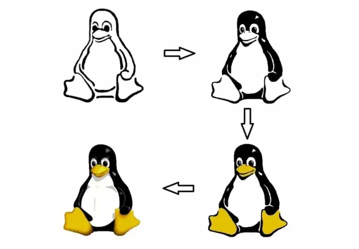 Pingwin, jakie zwierzę jest symbolem systemu operacyjnego Linux, ewoluuje od szkicu do pełnego kolorowego logo.