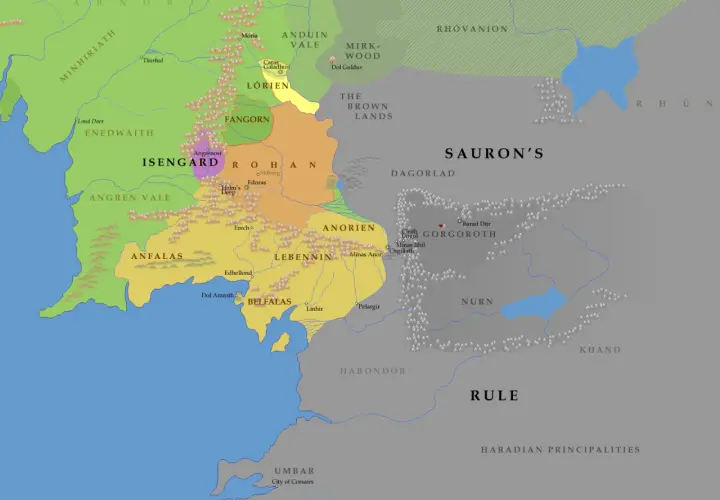 Mapa Śródziemia: gdzie był Gondor? Widzimy tu krainy takie jak Rohan, Mordor, Numenor, a także miasta jak Minas Tirith.