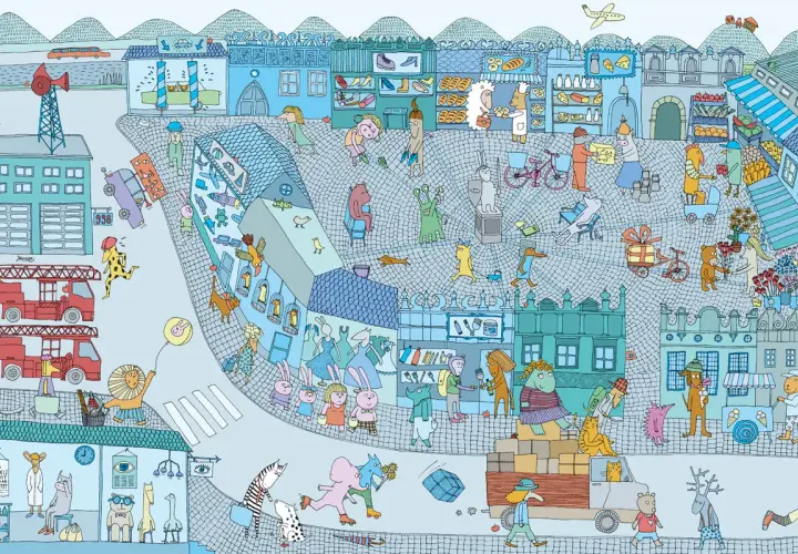 Ilustracja z książki "Miasteczko Mamoko" autorstwa Marty i Macieja Szymanowiczów. Wesołe miasteczko pełne zwierząt i ludzi.