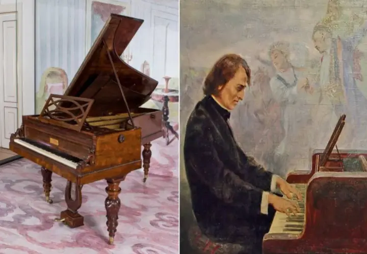 Stary fortepian Chopina, jak z wiersza, i malarski portret kompozytora przy instrumencie.