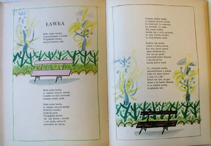 Ilustracja do wiersza Ludwika Jerzego Kerna "Ławka". Widać dwie ławki w parku, otoczone zielenią i drzewami.