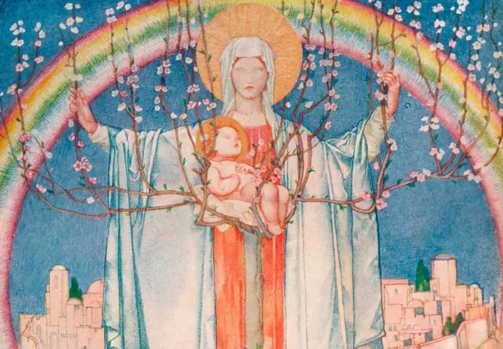 Matka Boska z Dzieciątkiem pod tęczą, otoczona kwitnącymi gałązkami.