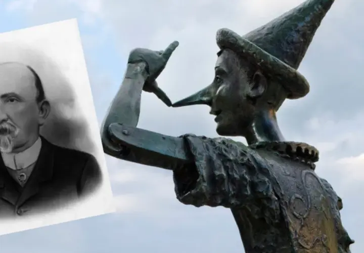 Carlo Collodi, autor książki Pinokio, na tle rzeźby drewnianego chłopca z długim nosem.