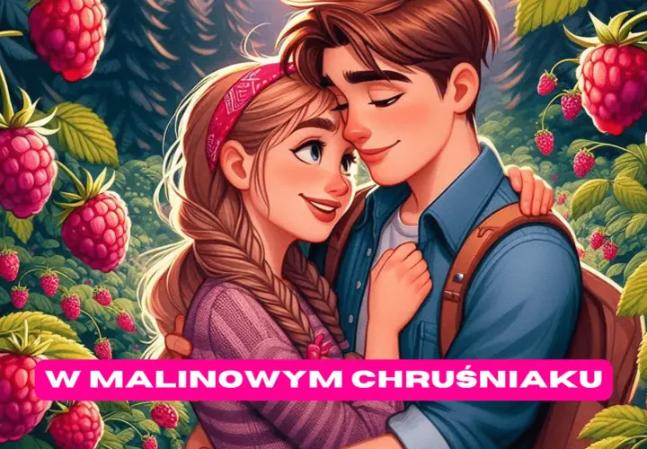 Zakochana para przytula się w malinowym chruśniaku. W tle las i mnóstwo malin.