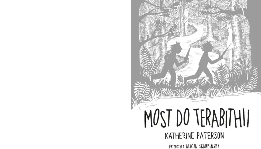 Ilustracja do recenzji książki "Most do Terabithii": dwoje dzieci biegnie przez las, tworząc własne magiczne królestwo.