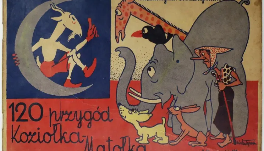 Kto jest autorem książki Koziołek Matołek? K. Makuszyński i M. Walentynowicz. Ilustracja przedstawia Koziołka na księżycu i zwierzęta.