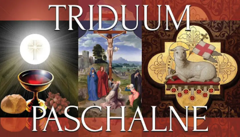 Symbole Triduum Paschalnego: Hostia, kielich, chleb, winogrona, ukrzyżowanie Jezusa, Baranek Boży.