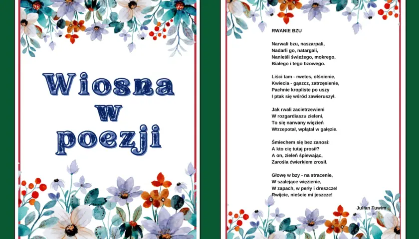 Wiosenna łąka z kwiatami i wierszem Juliana Tuwima.