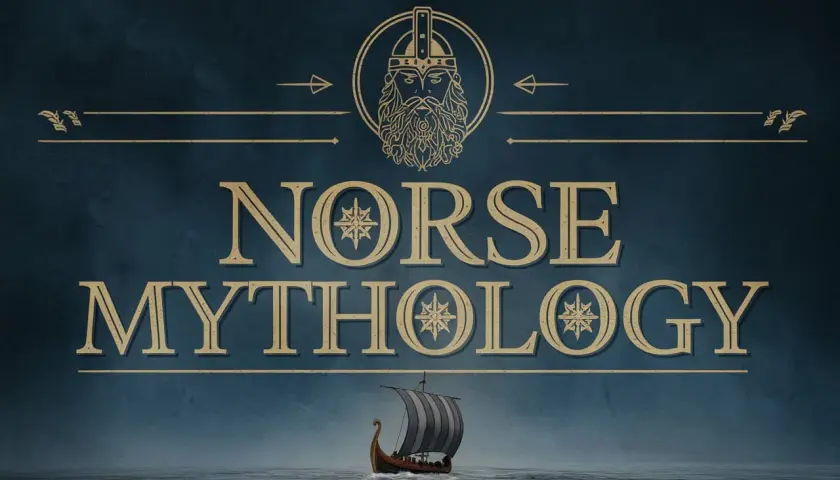 Ilustracja z wikingiem, napisem "Norse Mythology" i łodzią wikingów na morzu.