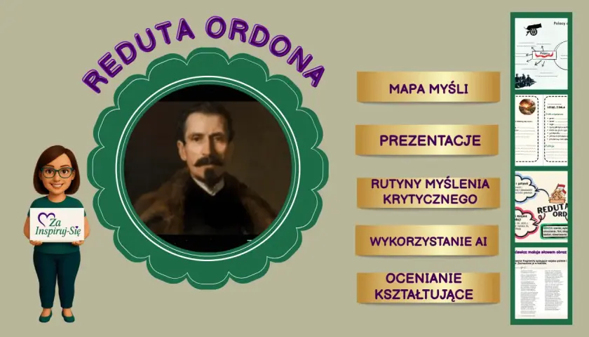 Grafika do wiersza "Reduta Ordona" z portretem bohatera, mapą myśli i elementami analizy tekstu.