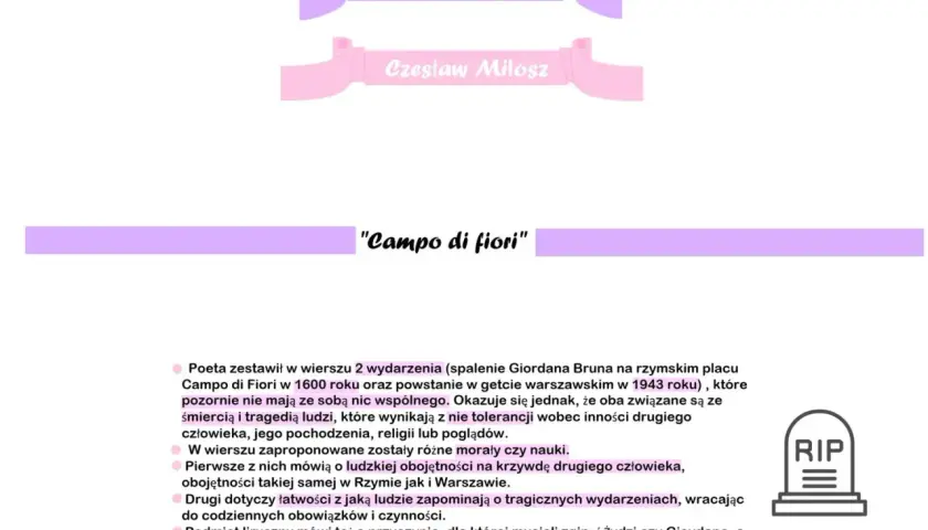 Wiersz "Campo di fiori" Czesława Miłosza zestawia spalenie Giordana Bruna z powstaniem w getcie warszawskim, ukazując obojętność i brak tolerancji.