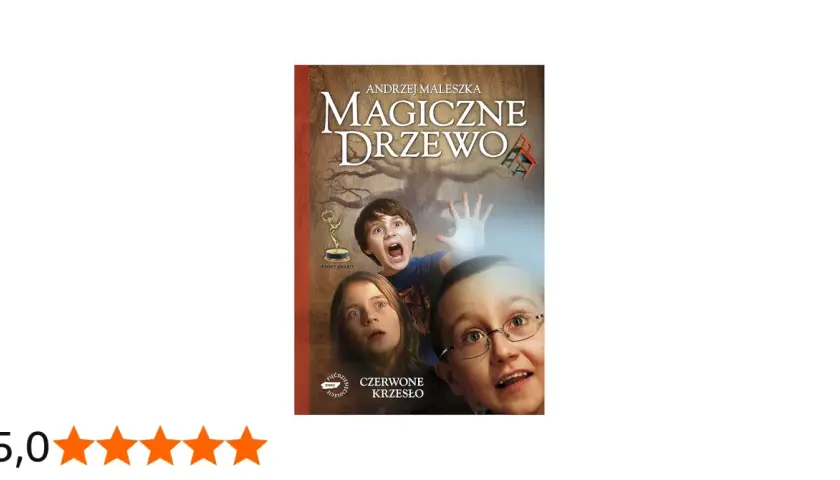 Recenzja książki "Magiczne drzewo. Czerwone krzesło" Andrzeja Maleszki. Trójka dzieci z przerażeniem patrzy na coś poza kadrem.