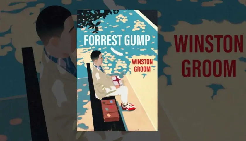 Okładka książki "Forrest Gump" Winston Groom. Ilustracja przedstawia mężczyznę siedzącego z prezentem.