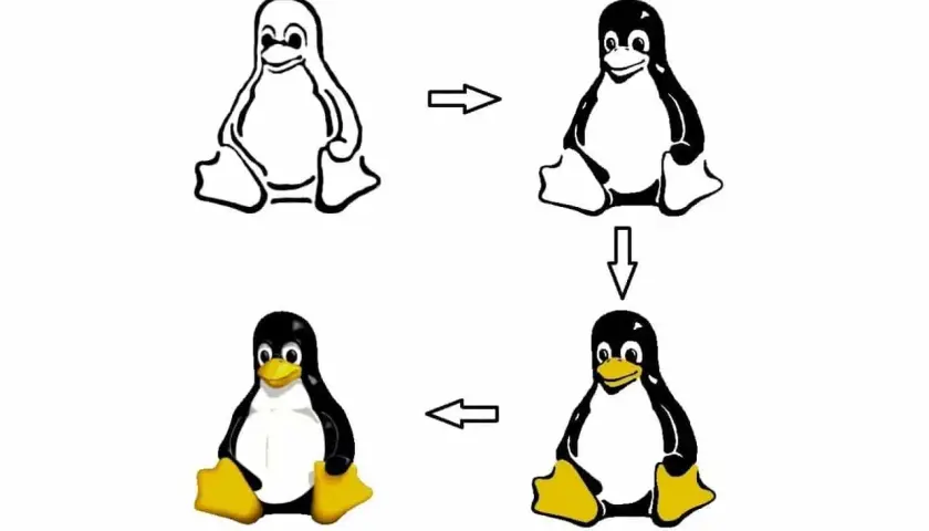 Pingwin, jakie zwierzę jest symbolem systemu operacyjnego Linux, ewoluuje od szkicu do pełnego kolorowego logo.