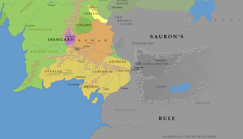 Mapa Śródziemia: gdzie był Gondor? Widzimy tu krainy takie jak Rohan, Mordor, Numenor, a także miasta jak Minas Tirith.