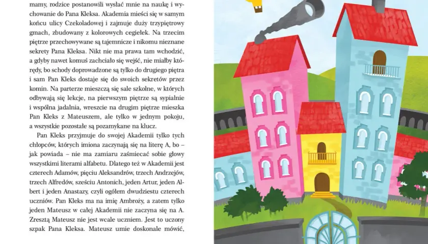 Kto jest autorem książki Akademia Pana Kleksa? To Jan Brzechwa. Ilustracja przedstawia kolorowe kamienice i balon.