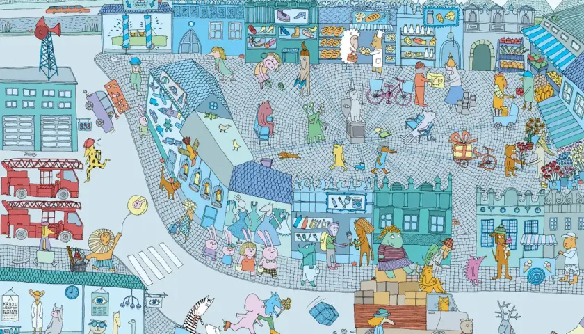Ilustracja z książki "Miasteczko Mamoko" autorstwa Marty i Macieja Szymanowiczów. Wesołe miasteczko pełne zwierząt i ludzi.