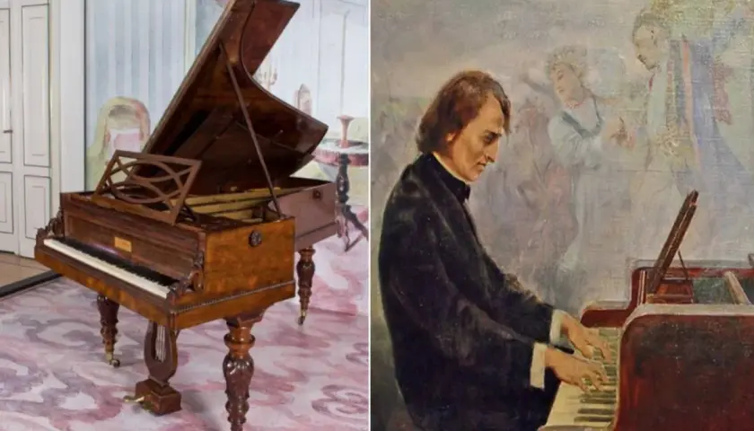 Stary fortepian Chopina, jak z wiersza, i malarski portret kompozytora przy instrumencie.