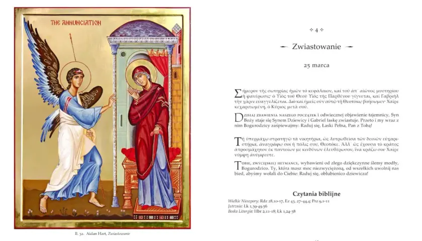 Ikona przedstawiająca zwiastowanie: Archanioł Gabriel z niebieskimi skrzydłami zwraca się do Maryi w czerwonej szacie.
