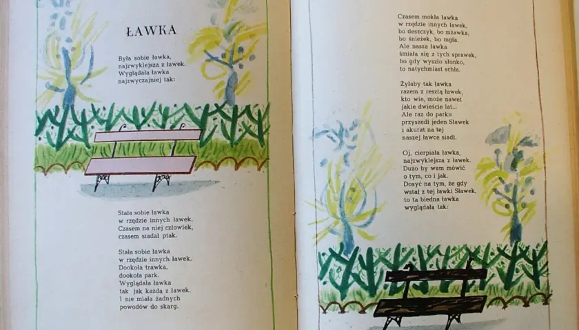 Ilustracja do wiersza Ludwika Jerzego Kerna "Ławka". Widać dwie ławki w parku, otoczone zielenią i drzewami.
