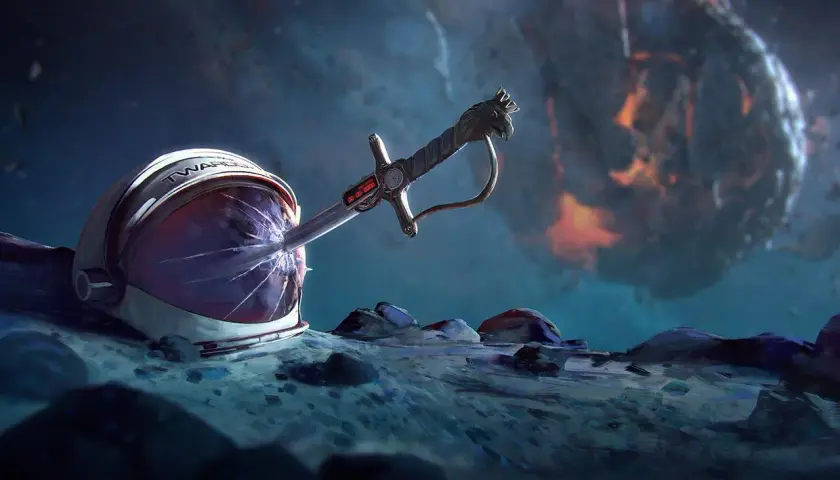 Na księżycu leży hełm astronauty z napisem "Twardowski", przebity szablą. W tle płonąca planeta.